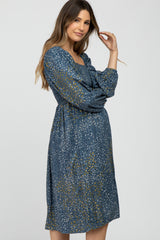 Blue Printed Smocked Long Sleeve Maternity Dress