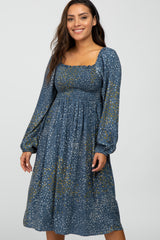 Blue Printed Smocked Long Sleeve Dress