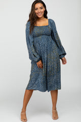 Blue Printed Smocked Long Sleeve Maternity Dress