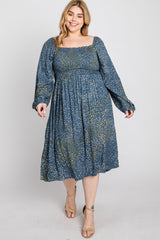 Blue Printed Smocked Long Sleeve Plus Dress