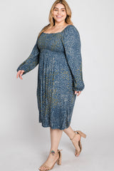 Blue Printed Smocked Long Sleeve Plus Dress