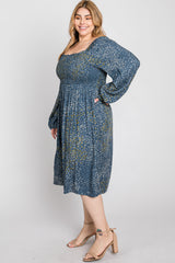 Blue Printed Smocked Long Sleeve Plus Dress