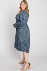 Blue Printed Smocked Long Sleeve Plus Dress