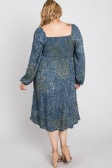 Blue Printed Smocked Long Sleeve Plus Dress