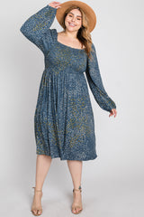 Blue Printed Smocked Long Sleeve Plus Dress