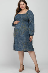 Blue Printed Smocked Long Sleeve Maternity Plus Dress