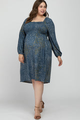 Blue Printed Smocked Long Sleeve Maternity Plus Dress