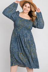 Blue Printed Smocked Long Sleeve Maternity Plus Dress