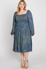 Blue Printed Smocked Long Sleeve Plus Dress