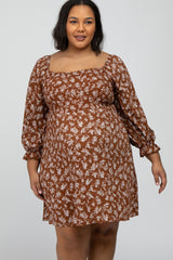 Brown Floral Smocked Smocked Plus Maternity Dress