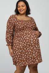 Brown Floral Smocked Smocked Plus Maternity Dress