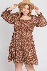 Brown Floral Smocked Smocked Plus Maternity Dress