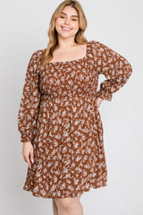 Brown Floral Smocked Smocked Plus Dress