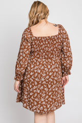 Brown Floral Smocked Smocked Plus Dress