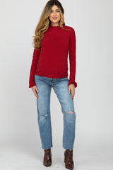 Red Ribbed Long Sleeve Ruffle Trim Maternity Top