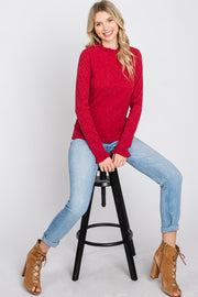 Red Ribbed Long Sleeve Ruffle Trim Top