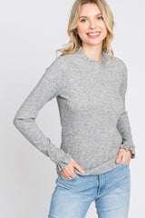 Heather Grey Ribbed Long Sleeve Ruffle Trim Top