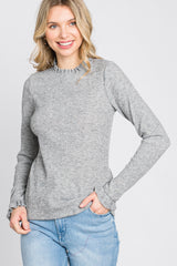 Heather Grey Ribbed Long Sleeve Ruffle Trim Top