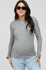 Heather Grey Ribbed Long Sleeve Ruffle Trim Maternity Top