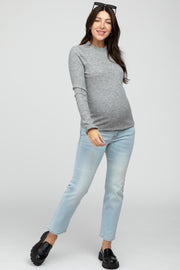 Heather Grey Ribbed Long Sleeve Ruffle Trim Maternity Top