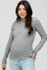 Heather Grey Ribbed Long Sleeve Ruffle Trim Maternity Top