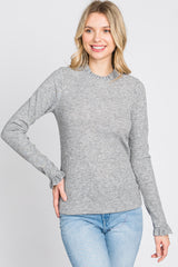 Heather Grey Ribbed Long Sleeve Ruffle Trim Top