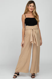 Beige High Waist Tie Front Wide Maternity Pants