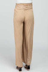 Beige High Waist Tie Front Wide Maternity Pants