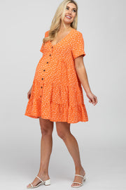 Orange Floral Button Front Tiered Maternity Dress