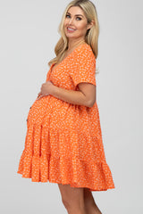 Orange Floral Button Front Tiered Maternity Dress