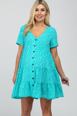 Aqua Floral Button Front Tiered Maternity Dress