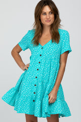 Aqua Floral Button Front Tiered Maternity Dress