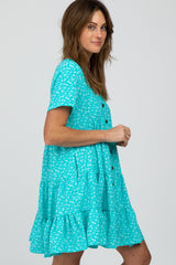 Aqua Floral Button Front Tiered Dress