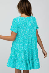 Aqua Floral Button Front Tiered Dress