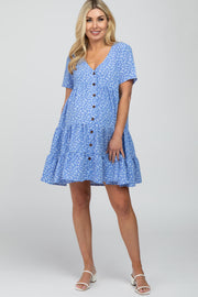 Blue Floral Button Front Tiered Maternity Dress