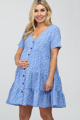 Blue Floral Button Front Tiered Maternity Dress