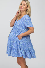 Blue Floral Button Front Tiered Maternity Dress