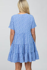 Blue Floral Button Front Tiered Maternity Dress