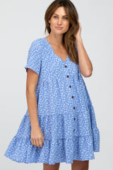 Blue Floral Button Front Tiered Dress