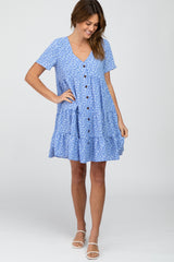 Blue Floral Button Front Tiered Dress