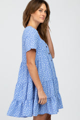 Blue Floral Button Front Tiered Dress