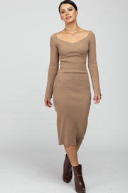 Camel Ribbed Knit Fitted Dress