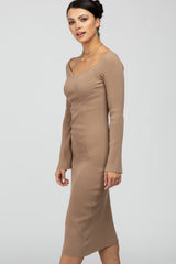 Camel Ribbed Knit Fitted Dress