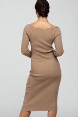 Camel Ribbed Knit Fitted Dress