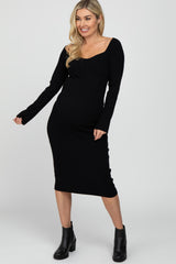 Black Ribbed Knit Fitted Maternity Dress