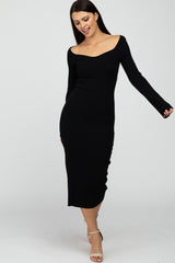 Black Ribbed Knit Fitted Dress