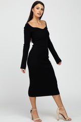 Black Ribbed Knit Fitted Dress