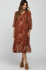 Rust Ditsy Floral Smocked Accent Maternity Midi Dress