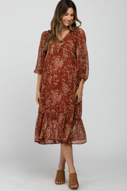 Rust Ditsy Floral Smocked Accent Maternity Midi Dress