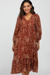 Rust Ditsy Floral Smocked Accent Midi Dress